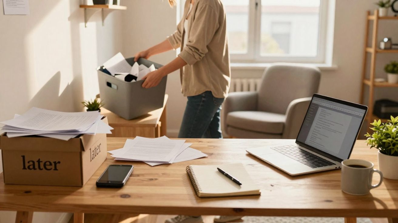 Pessoa organizando documentos em escritório com laptop, caderno, caixa de papel e caneca em mesa de madeira.