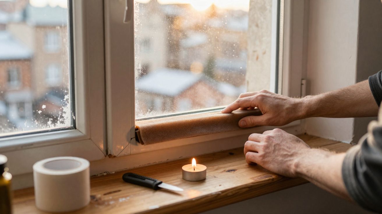 Mãos masculina colocando proteção térmica na janela com vela acesa, fita e canivete na madeira.