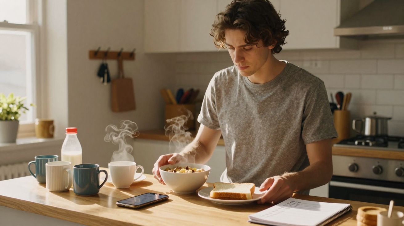 Homem jovem sentado à mesa preparando café da manhã com torradas e cereal em cozinha iluminada.
