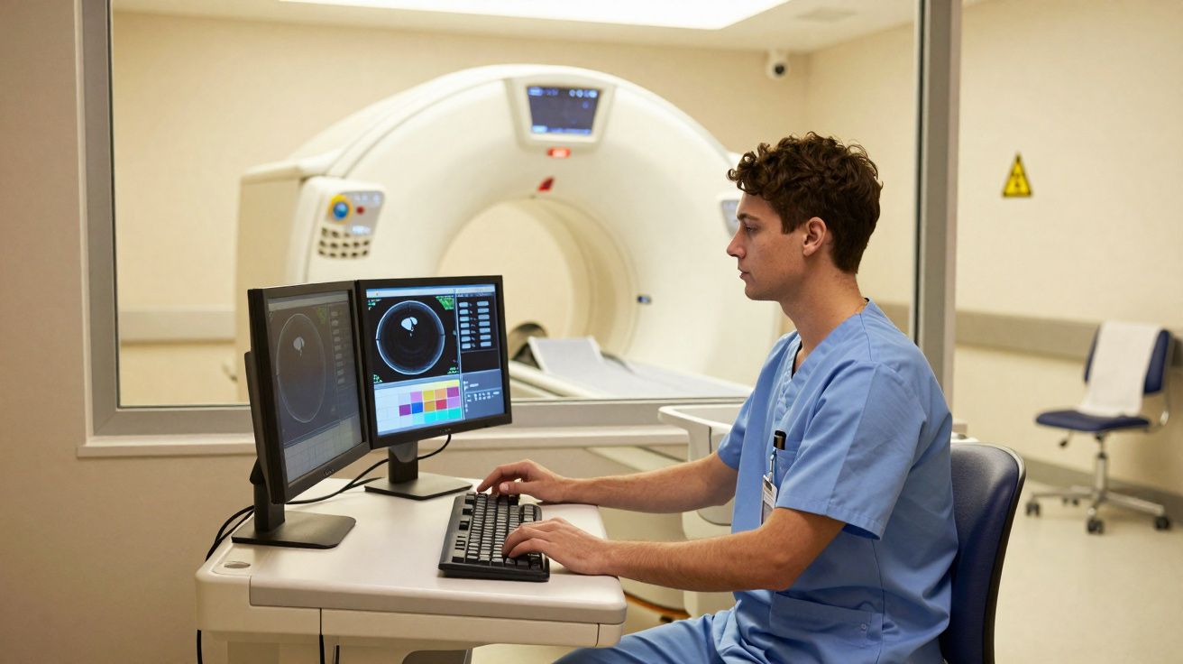 Profissional de saúde analisando imagens de tomografia em computador na sala de raio-x.