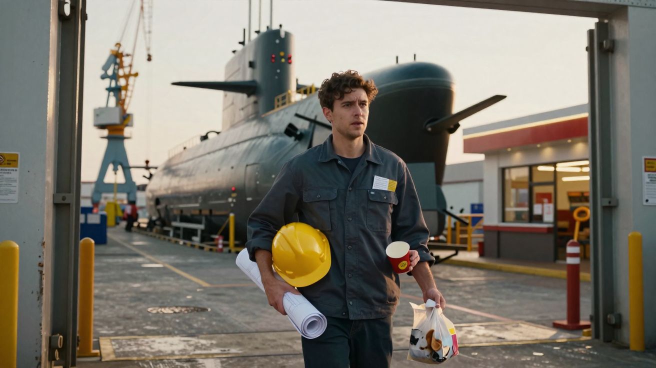 Homem com capacete amarelo e plantas na mão caminha em estaleiro com submarino ao fundo ao entardecer.