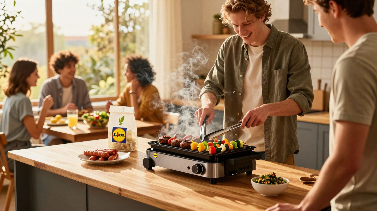 Dois homens grelhando espetinhos e linguiças em churrasqueira elétrica em cozinha, enquanto grupo conversa ao fundo.