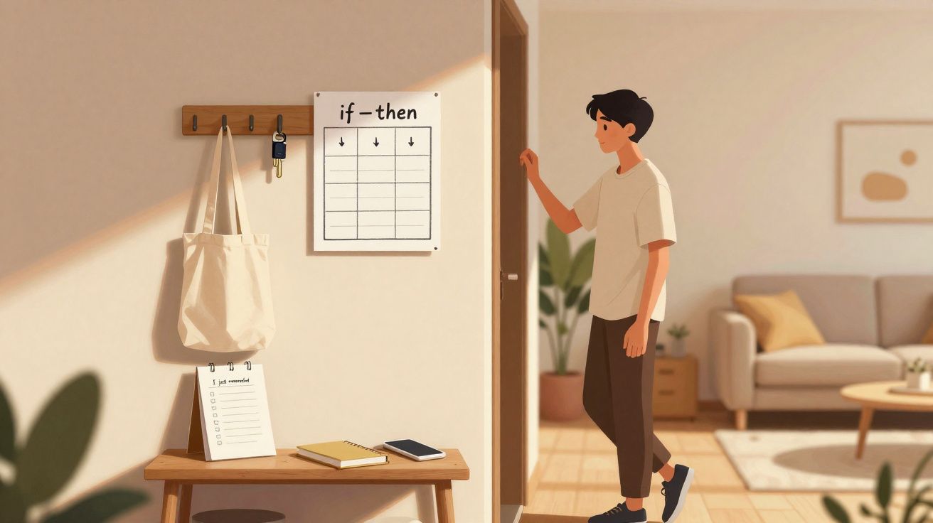 Jovem entrando em casa, parede com quadro organizador, bolsa pendurada e mesa com itens pessoais.