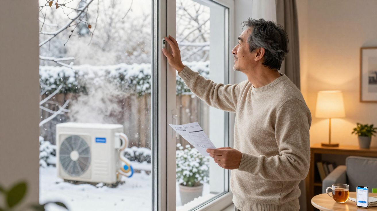 Homem ajusta termostato em casa durante dia de inverno com neve do lado de fora da janela.
