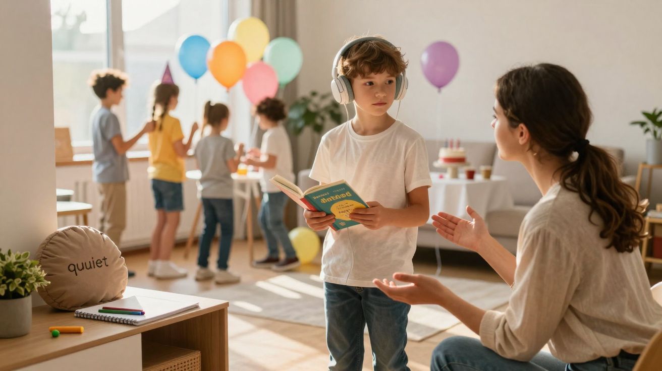 Criança usando fones de ouvido e segurando livro enquanto mulher conversa, com festa infantil ao fundo.