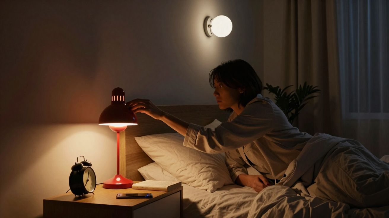 Pessoa em cama ajustando abajur vermelho ao lado de mesa com relógio preto, livro e celular em quarto escuro.