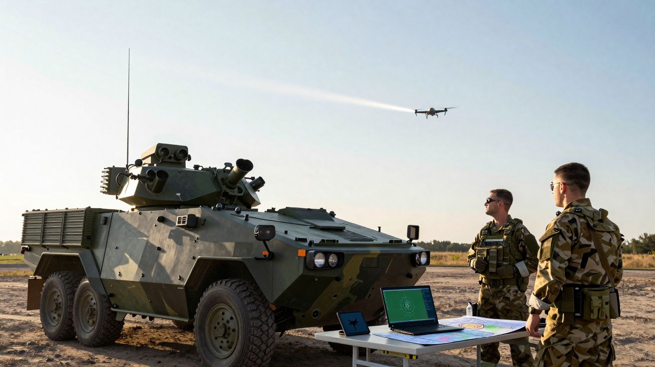 Dois soldados observam drone voando próximo a veículo militar blindado em área aberta com laptop na mesa.