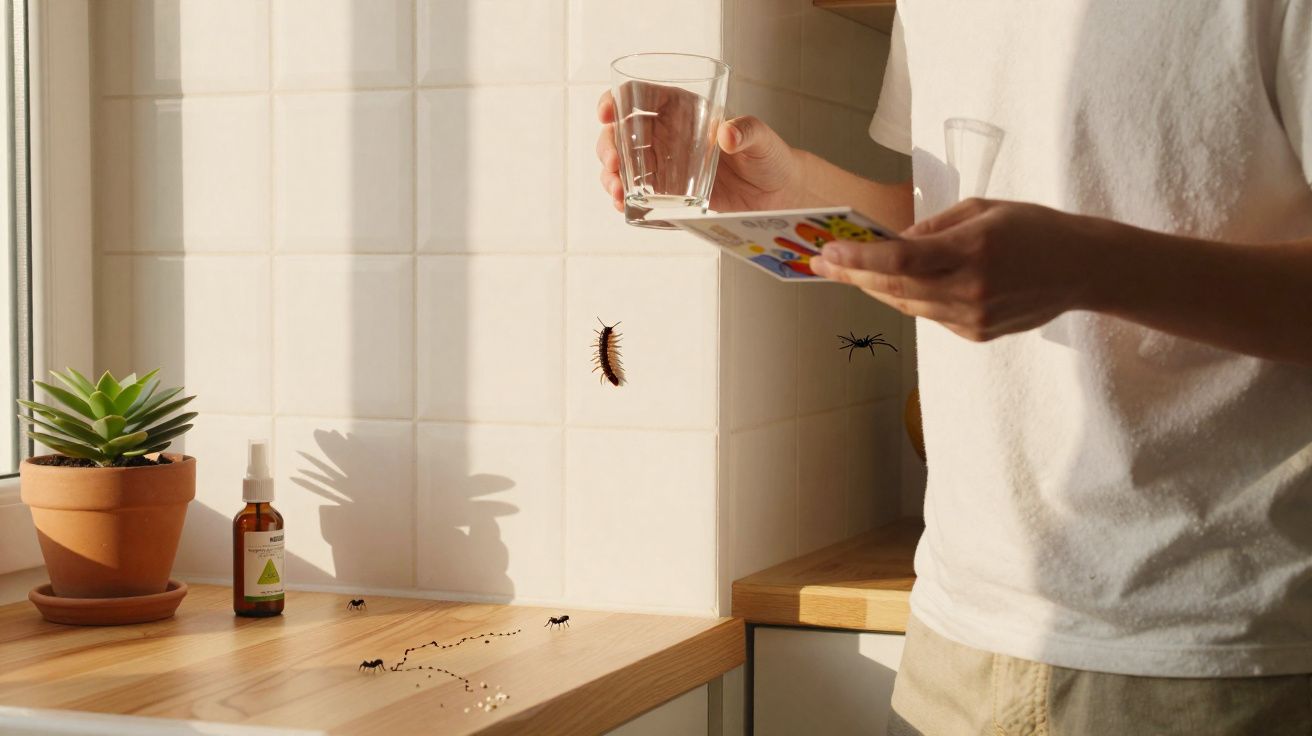Pessoa segurando um copo e manual, observando pragas como centopéia, aranha e formigas na bancada da cozinha.