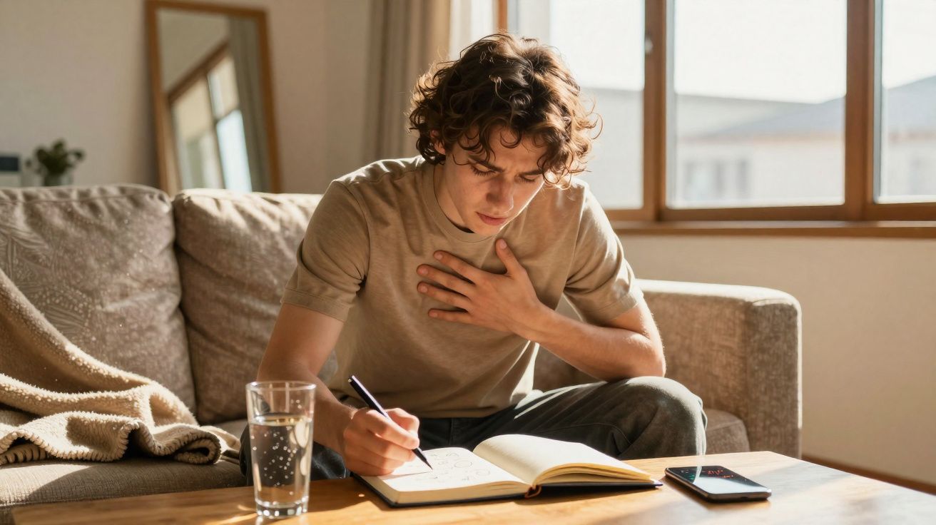 Jovem sentado no sofá com expressão desconfortável, segurando o peito e escrevendo em caderno.