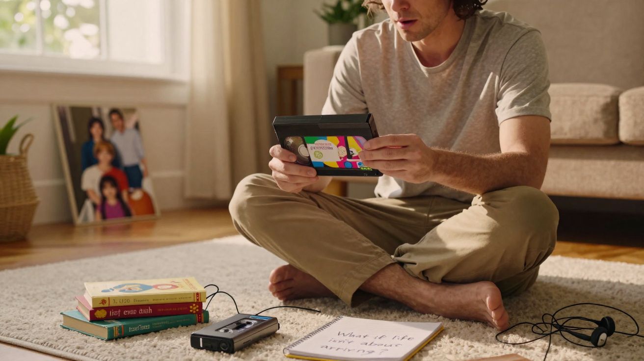 Homem sentado no chão segurando uma fita cassete, cercado por livros, gravador e caderno no tapete da sala.