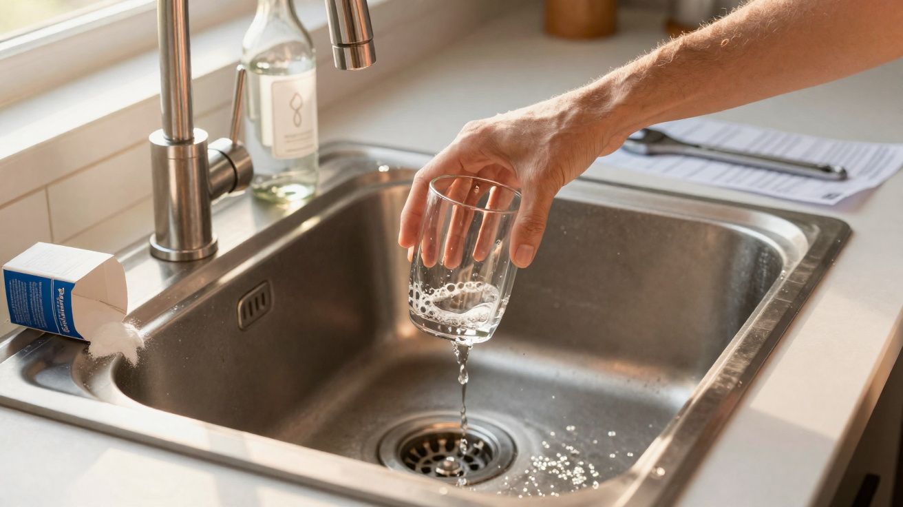 Pessoa despejando vidro com solução efervescente em pia de cozinha com caixa de medicamento ao lado.