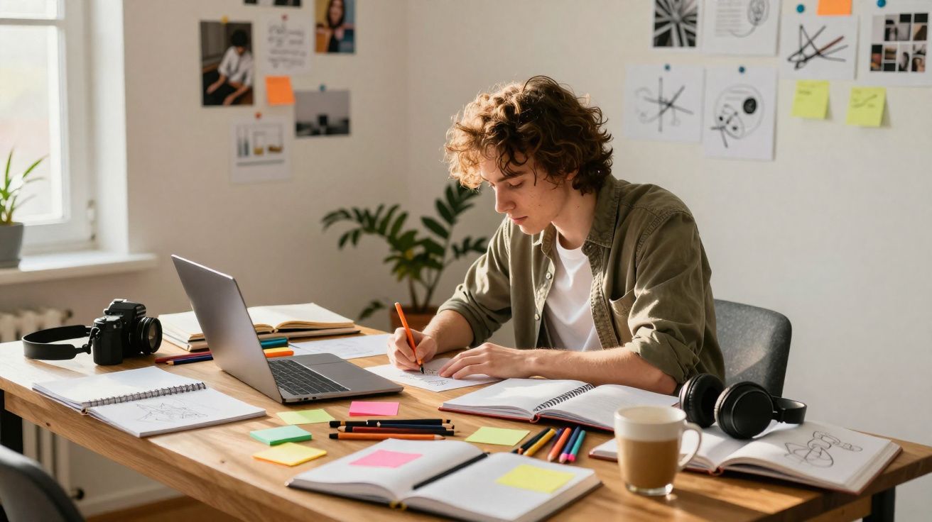 Jovem escrevendo em papel em mesa com notebook, caderno, câmera, fones e copo de café em ambiente iluminado.