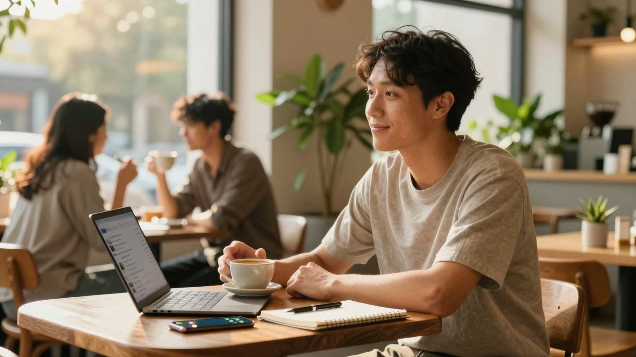 Jovem sentado em cafeteria com laptop, segurando xícara de café e sorrindo, com caderno e celular na mesa.
