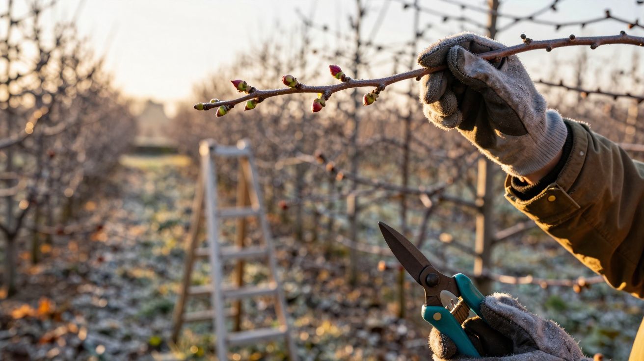 Pessoa com luvas segurando e podando galho com tesoura em pomar ao amanhecer.