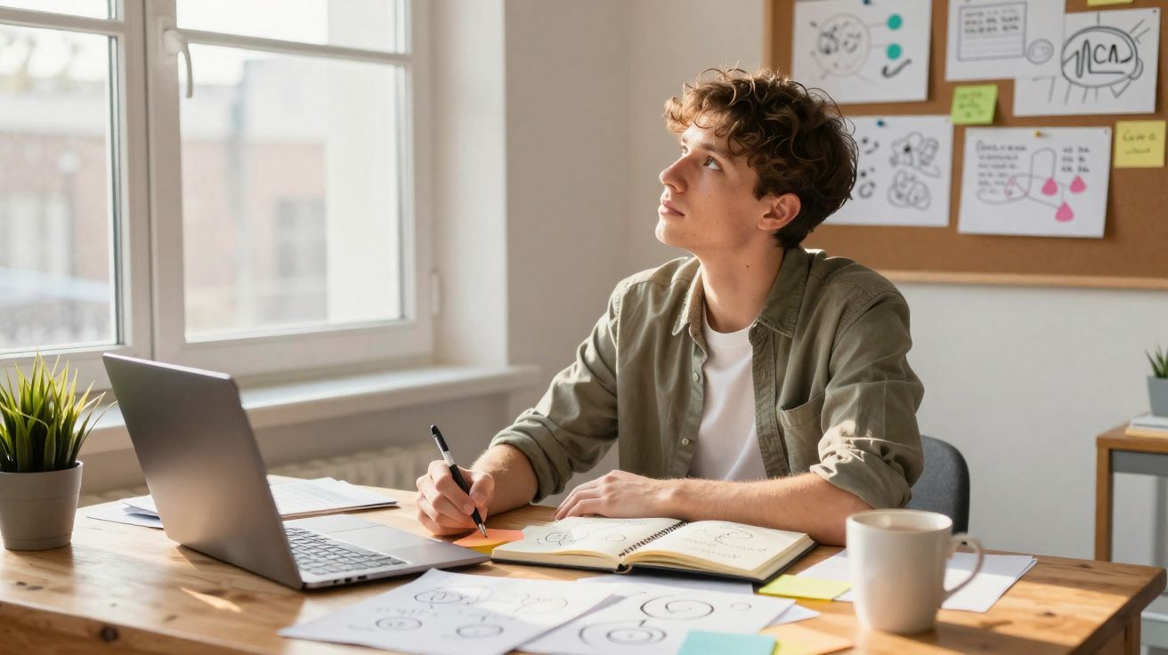 Jovem sentado à mesa com laptop e caderno, olhando pensativo pela janela em sala de estudo.