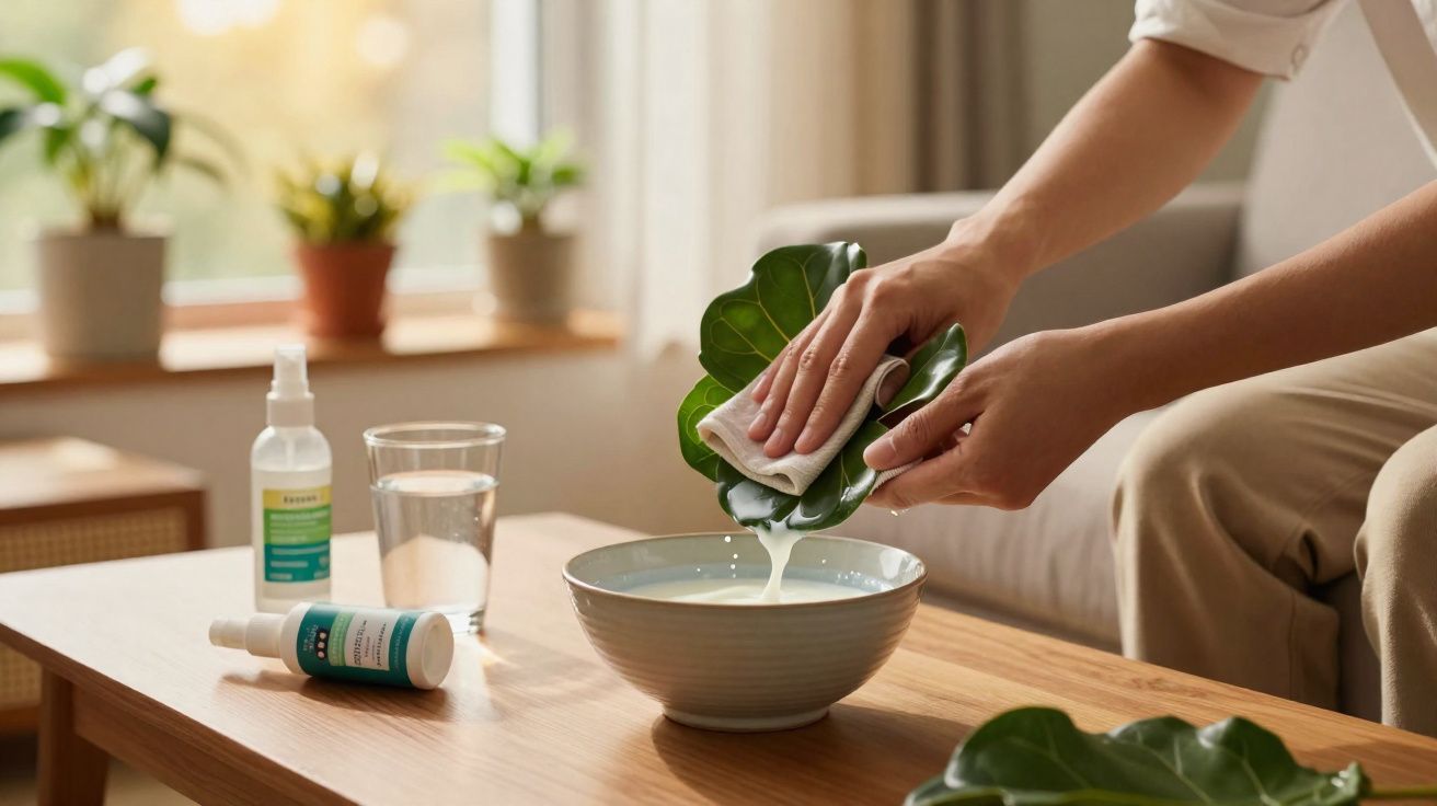 Pessoa limpando folha de planta com pano úmido sobre tigela em mesa de centro com produtos e copo d’água.