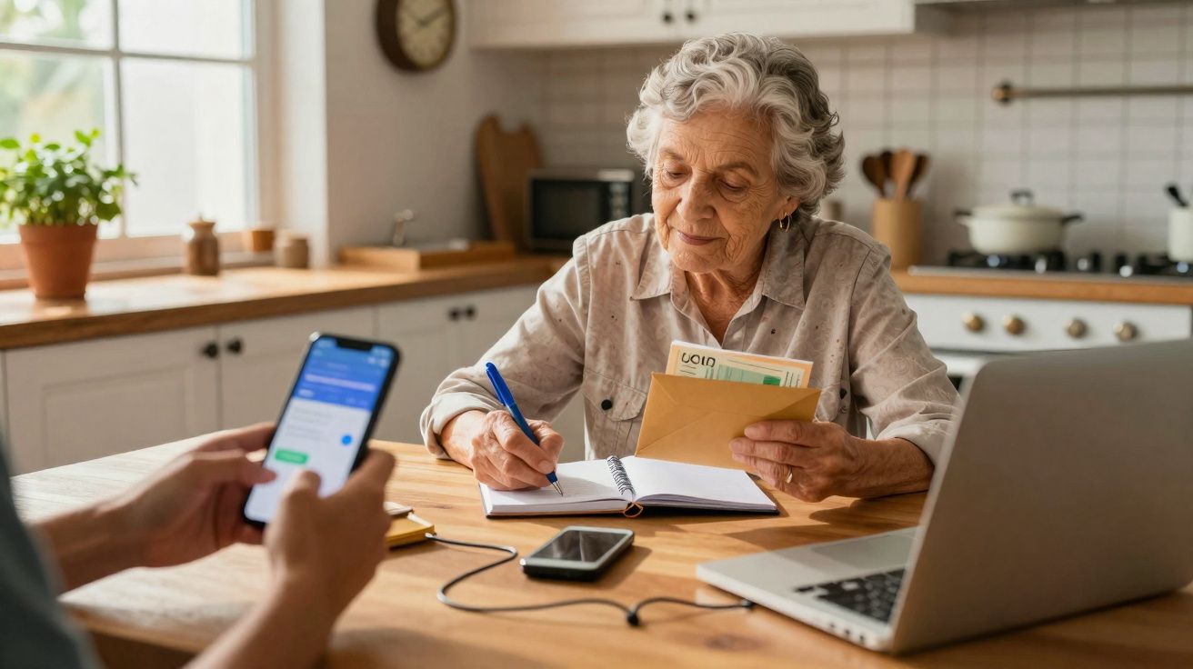 Idosa escrevendo em caderno, segurando envelope com dinheiro, em mesa com notebook e celular na cozinha.