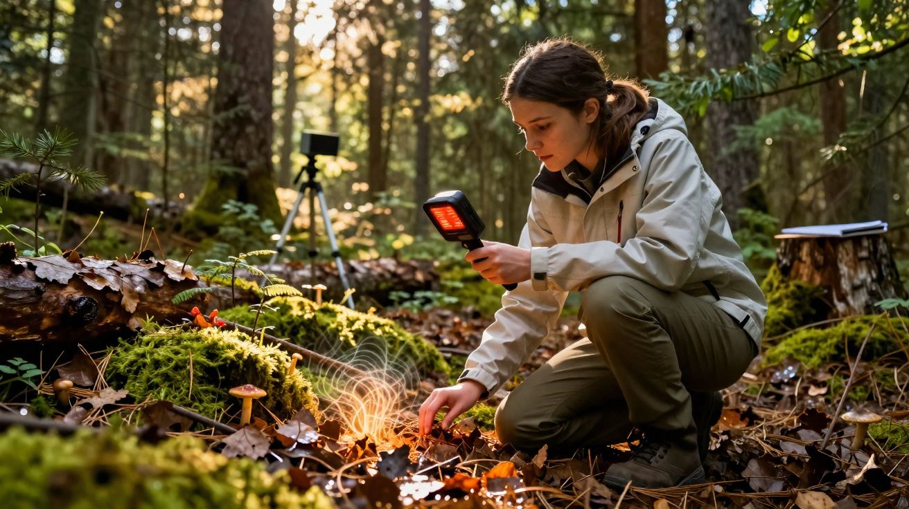 Mulher com jaqueta clara usando dispositivo de luz vermelha para estudar cogumelos em floresta com árvores ao fundo.