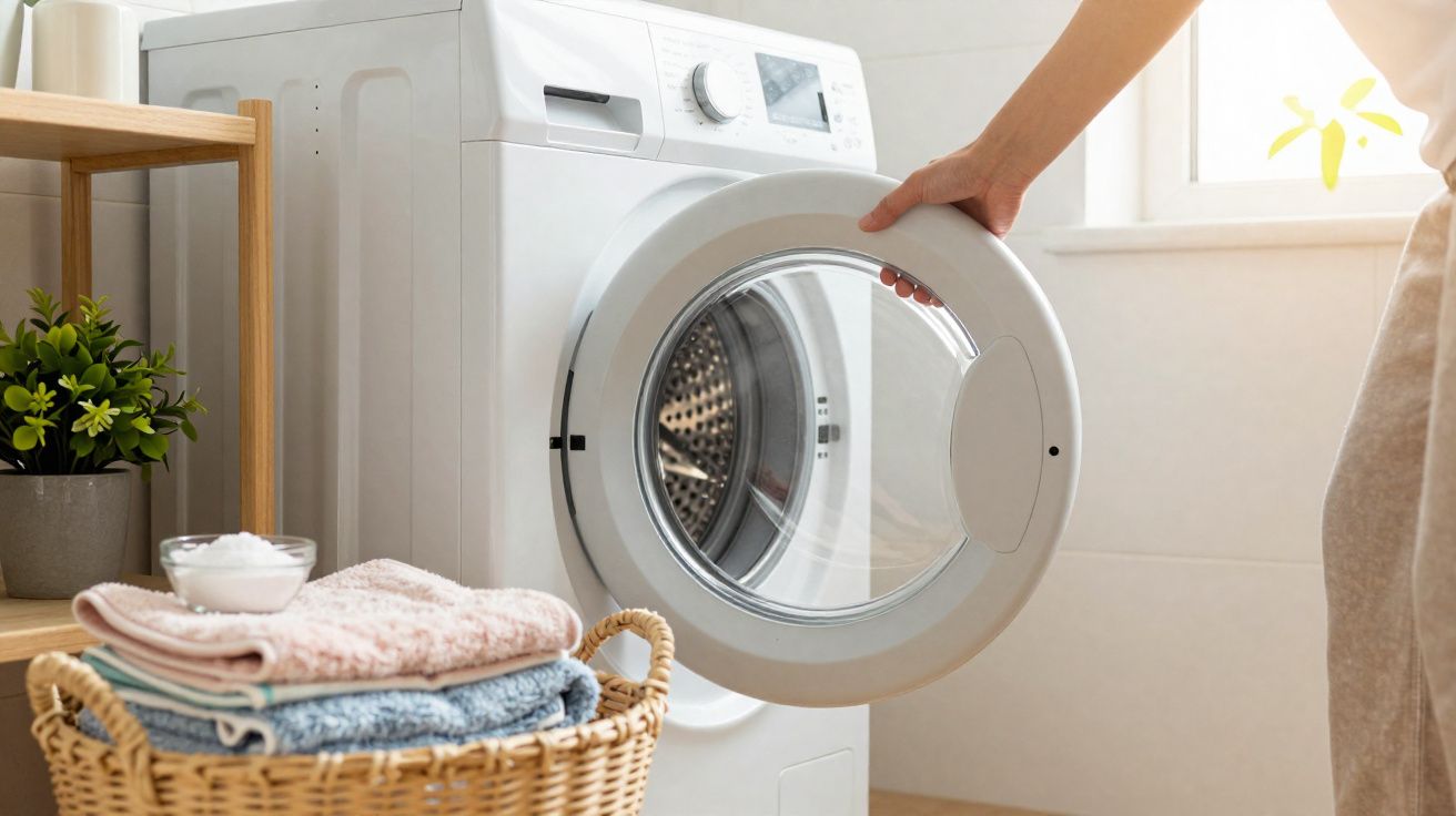 Máquina de lavar branca com porta aberta, cesto de roupas dobradas e planta ao lado em ambiente claro.