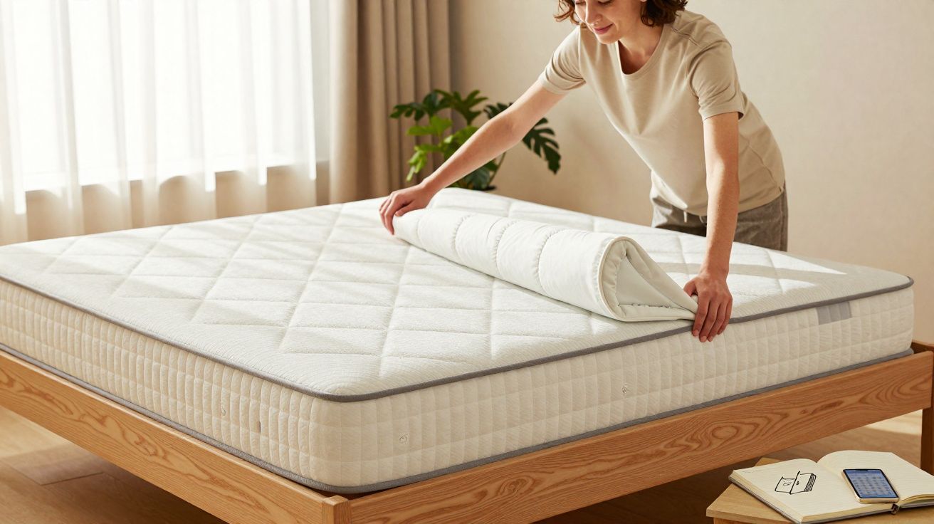 Pessoa arrumando um colchonete sobre colchão em cama de madeira em quarto claro.