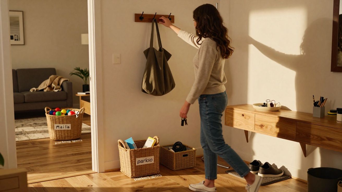 Mulher pendura bolsa em gancho na parede em entrada iluminada com cesta e mesa de madeira.