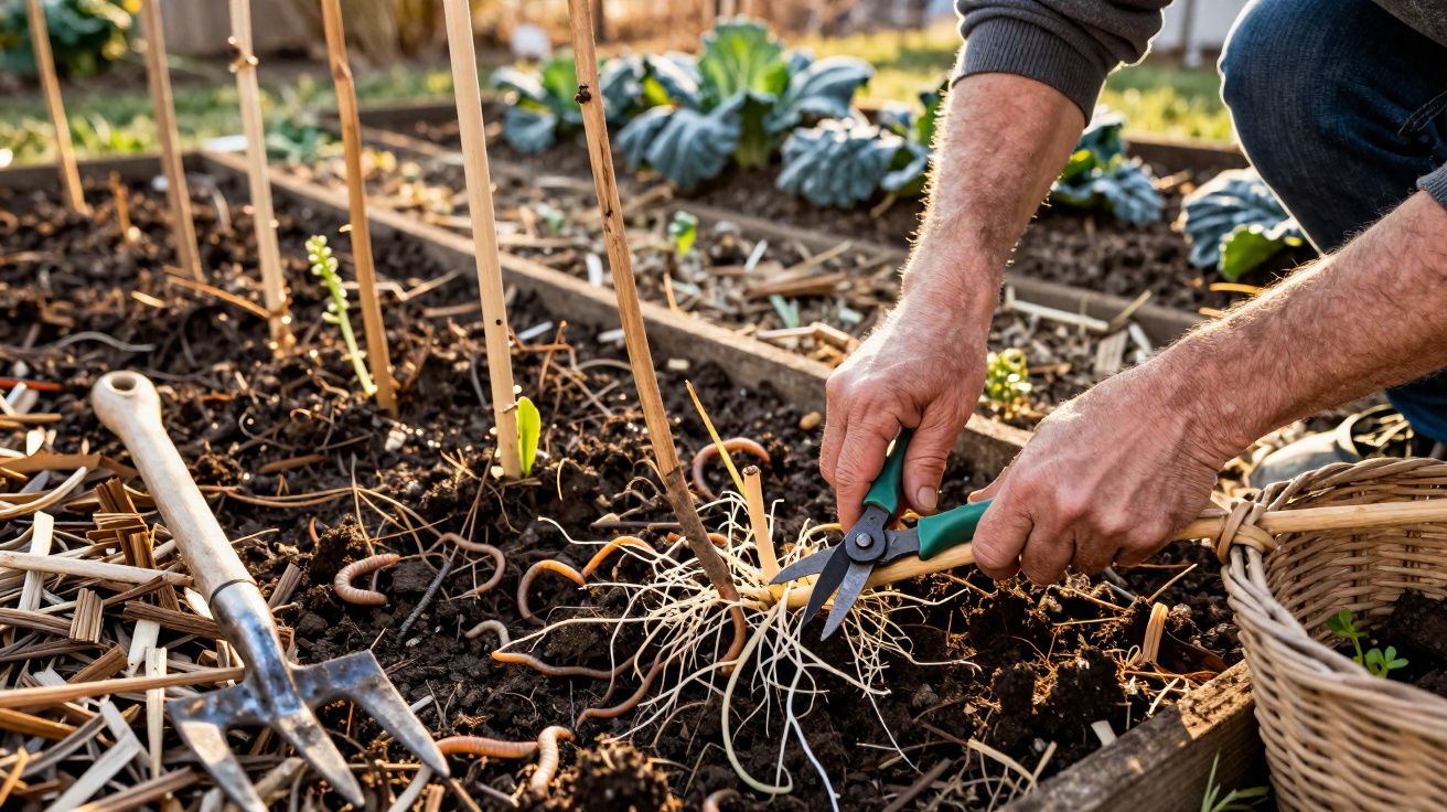 Pessoa podando raízes de planta em horta com tesoura de jardinagem, terra e ferramentas ao redor.