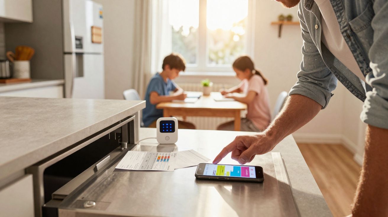 Adulto usando smartphone em cozinha enquanto duas crianças fazem tarefas em mesa ao fundo.