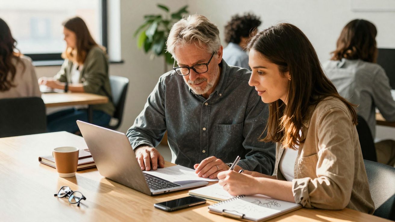 Homem e mulher revisam documentos juntos em ambiente de trabalho com computador e cadernos.