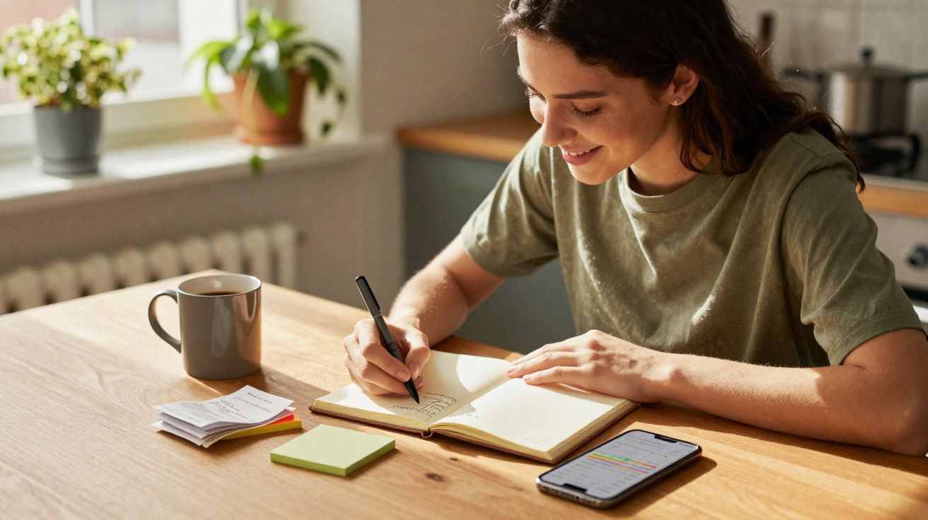 Mulher sorrindo escrevendo em caderno com caneca, celular e notas na mesa iluminada por luz natural.