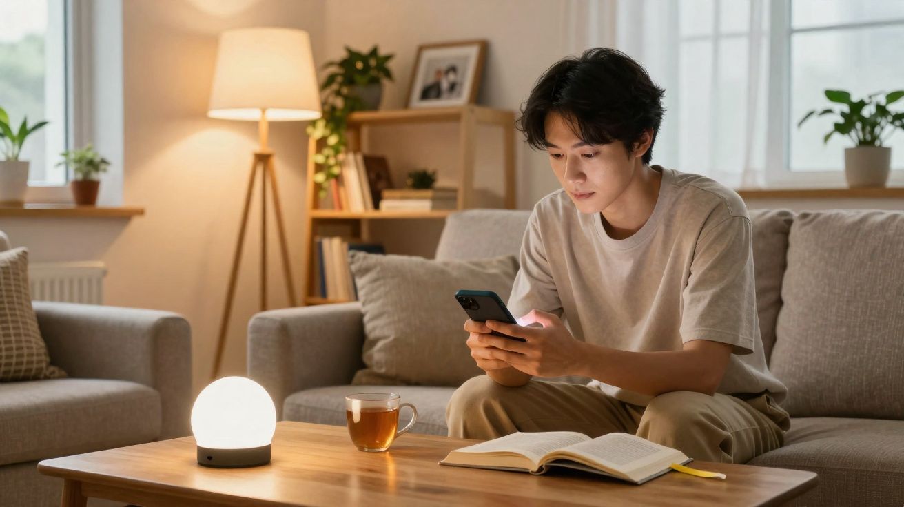 Jovem sentado no sofá usando celular, com livro aberto e xícara de chá sobre a mesa na sala iluminada.