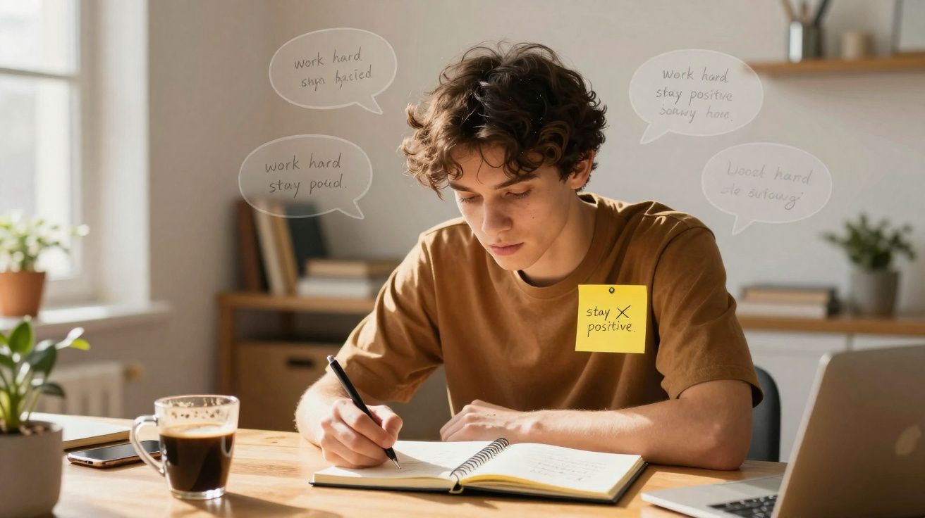 Jovem escrevendo em caderno com adesivo "stay positive" em camiseta, café e laptop na mesa.