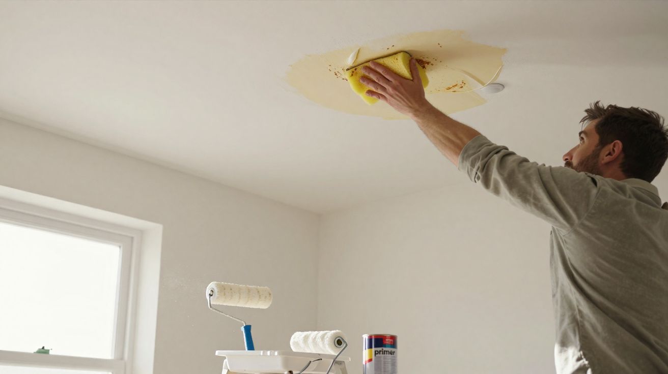 Homem limpando mancha amarela no teto branco com esponja amarela em ambiente interno iluminado.