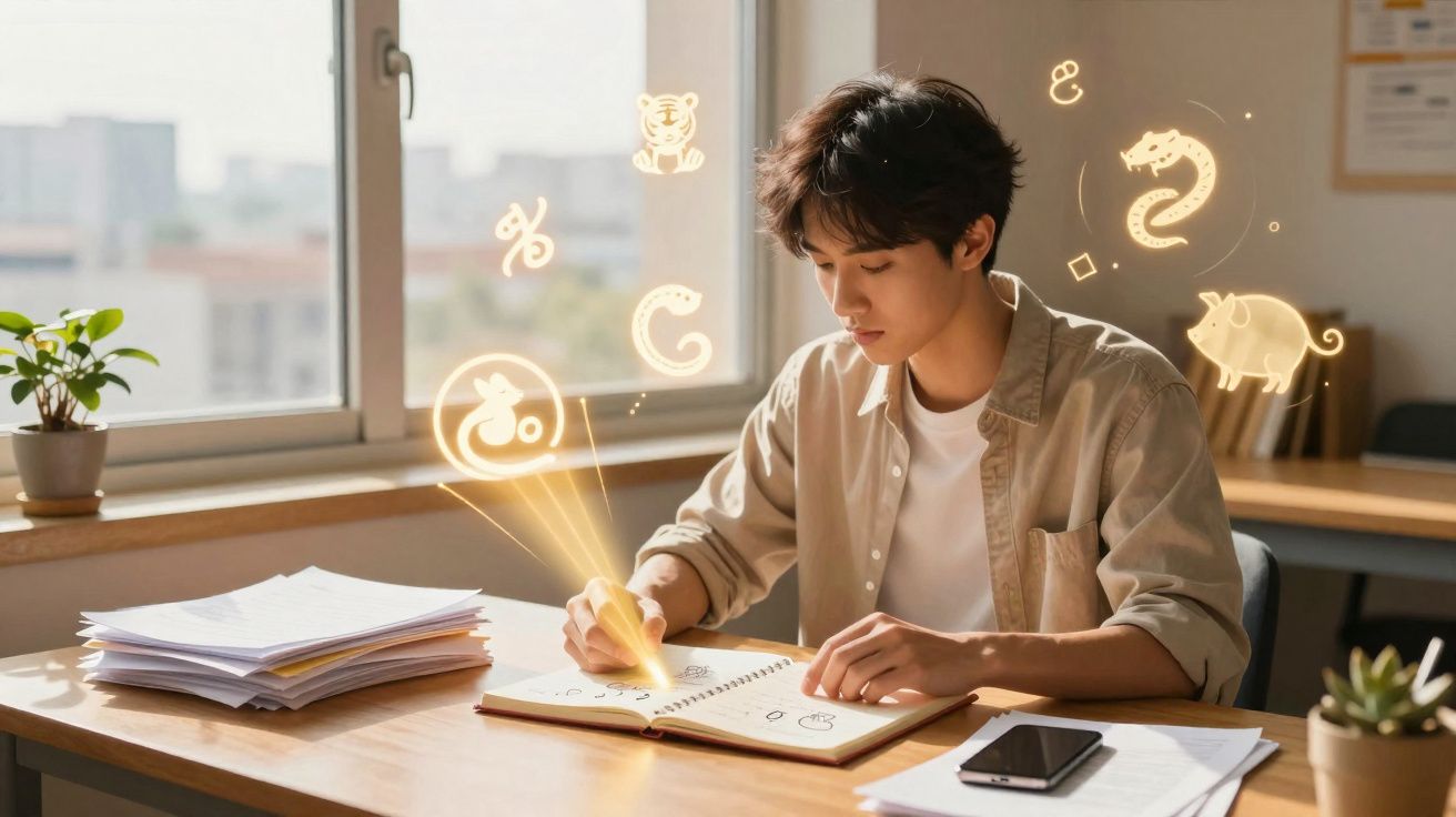 Jovem estudando signos do zodíaco enquanto escreve em caderno com imagens zodiacais flutuantes ao redor.