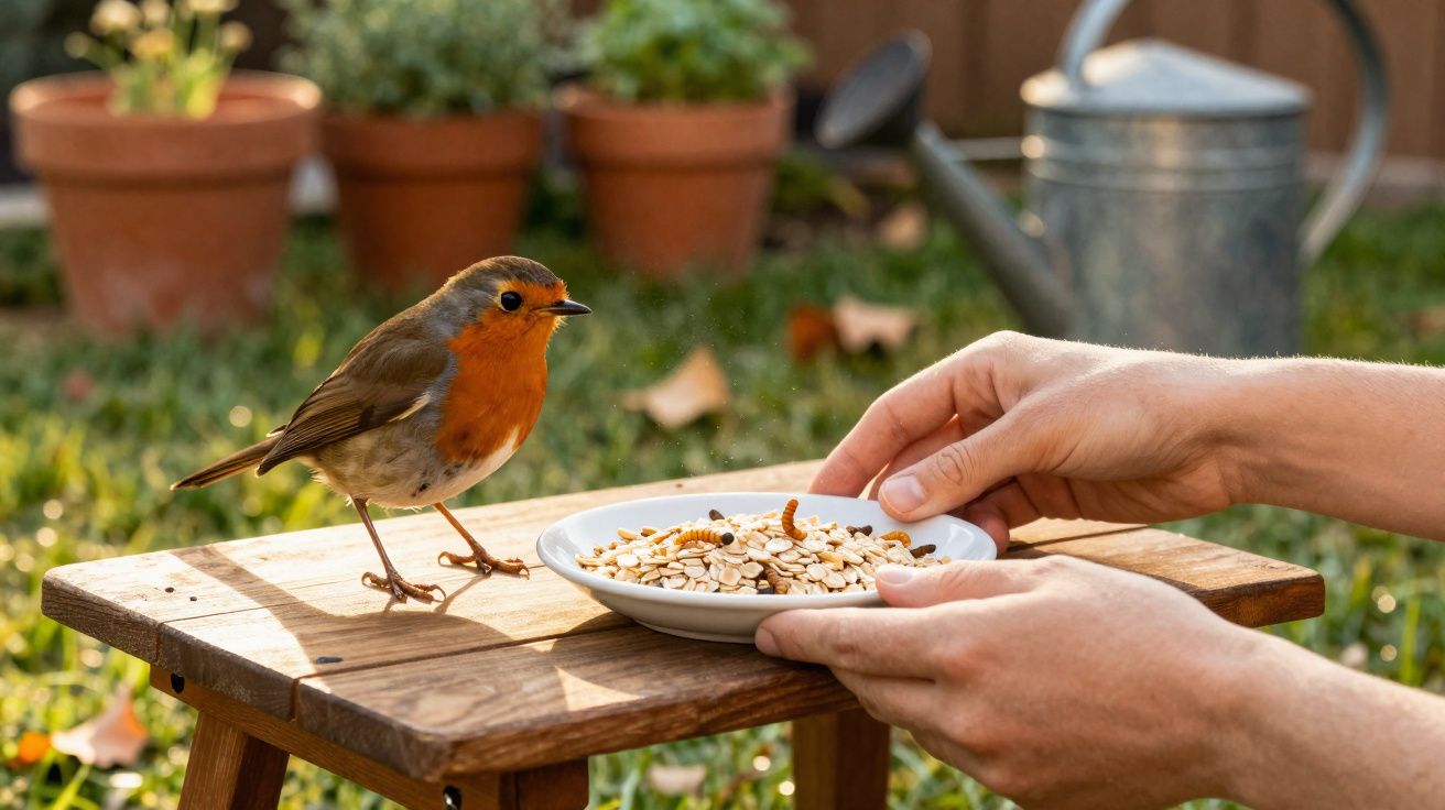 Pássaro com peito laranja em banco de madeira se alimenta de sementes oferecidas por mãos humanas.