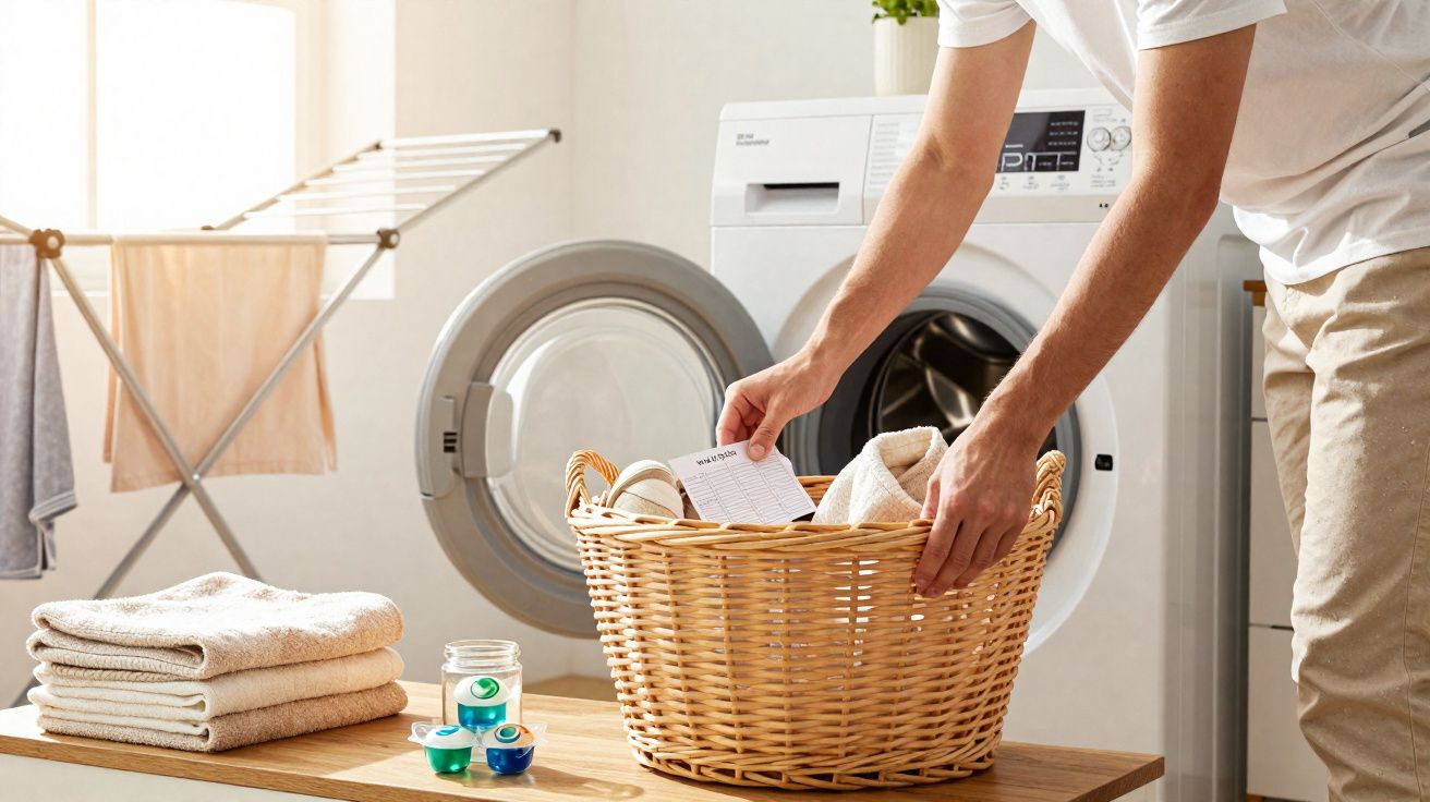 Pessoa colocando instruções em cesta de roupa suja perto de máquina de lavar e roupas dobradas.