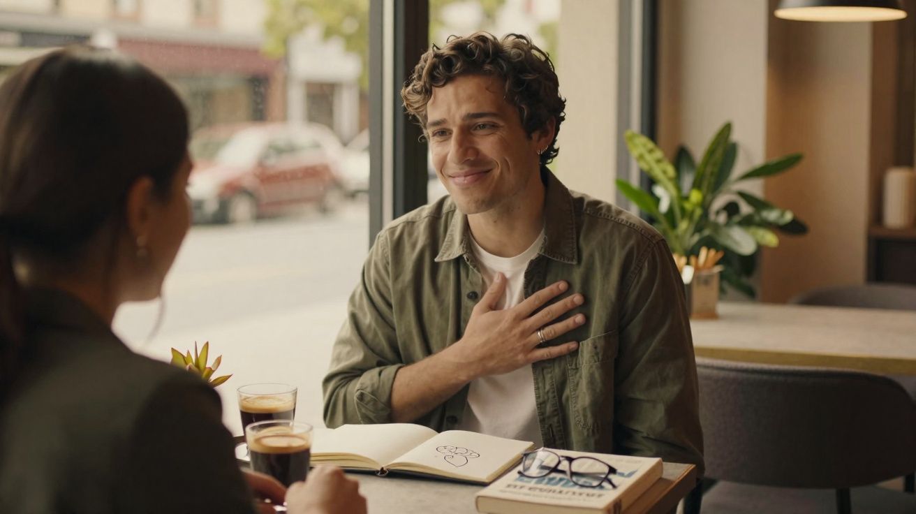 Homem sorrindo com a mão no peito durante conversa em cafeteria com mulher.