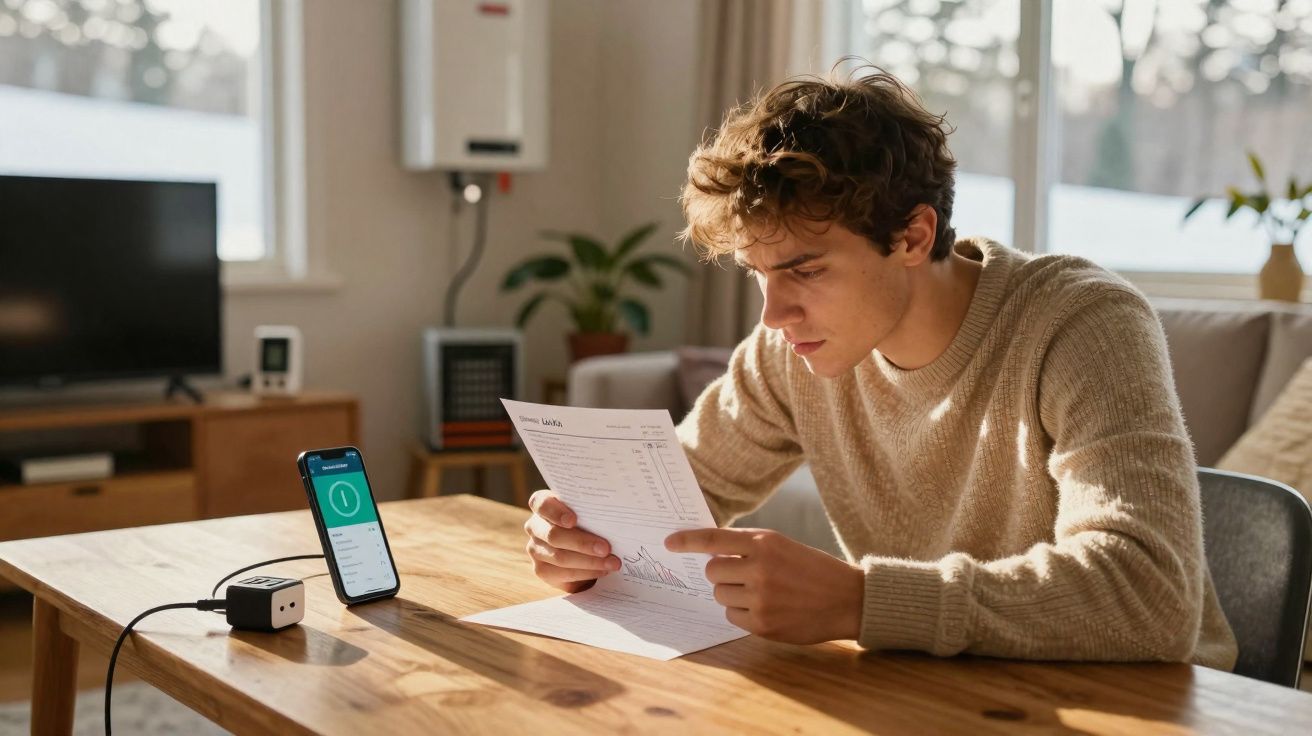 Jovem sentado à mesa em casa analisando conta enquanto celular com aplicativo aberto está conectado a um carregador.
