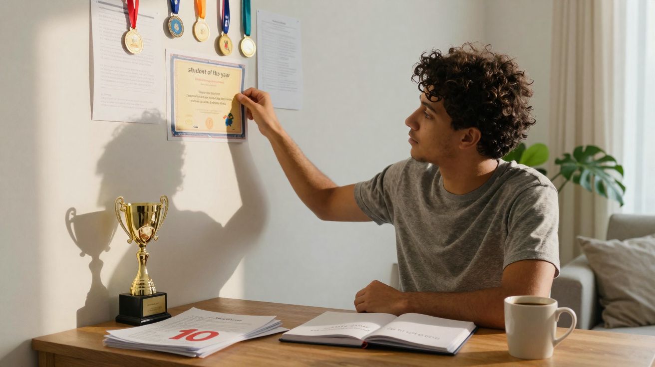 Homem sentado olhando e tocando certificado pendurado na parede com medalhas e troféu sobre mesa.