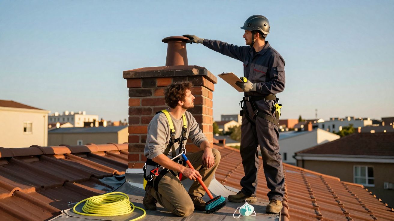 Dois trabalhadores inspecionam chaminé em telhado, um segurando vassoura e outro com prancheta e capacete.