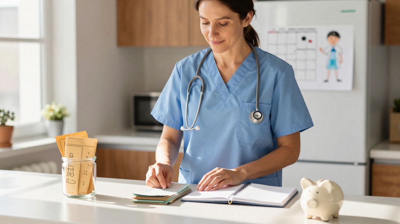 Médica com jaleco azul e estetoscópio organizando documentos em uma mesa na cozinha.