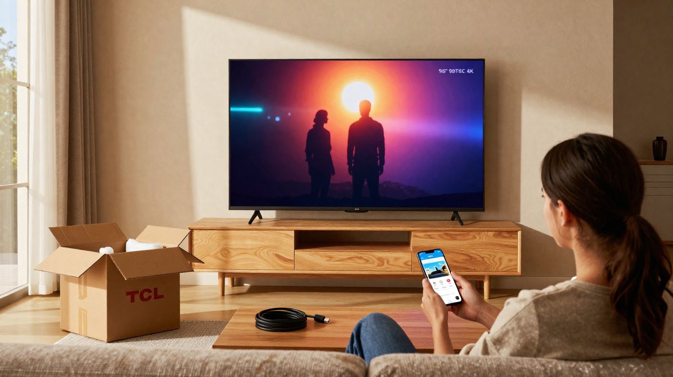 Mulher sentada no sofá controla TV com celular em sala iluminada, caixa TCL aberta ao lado.