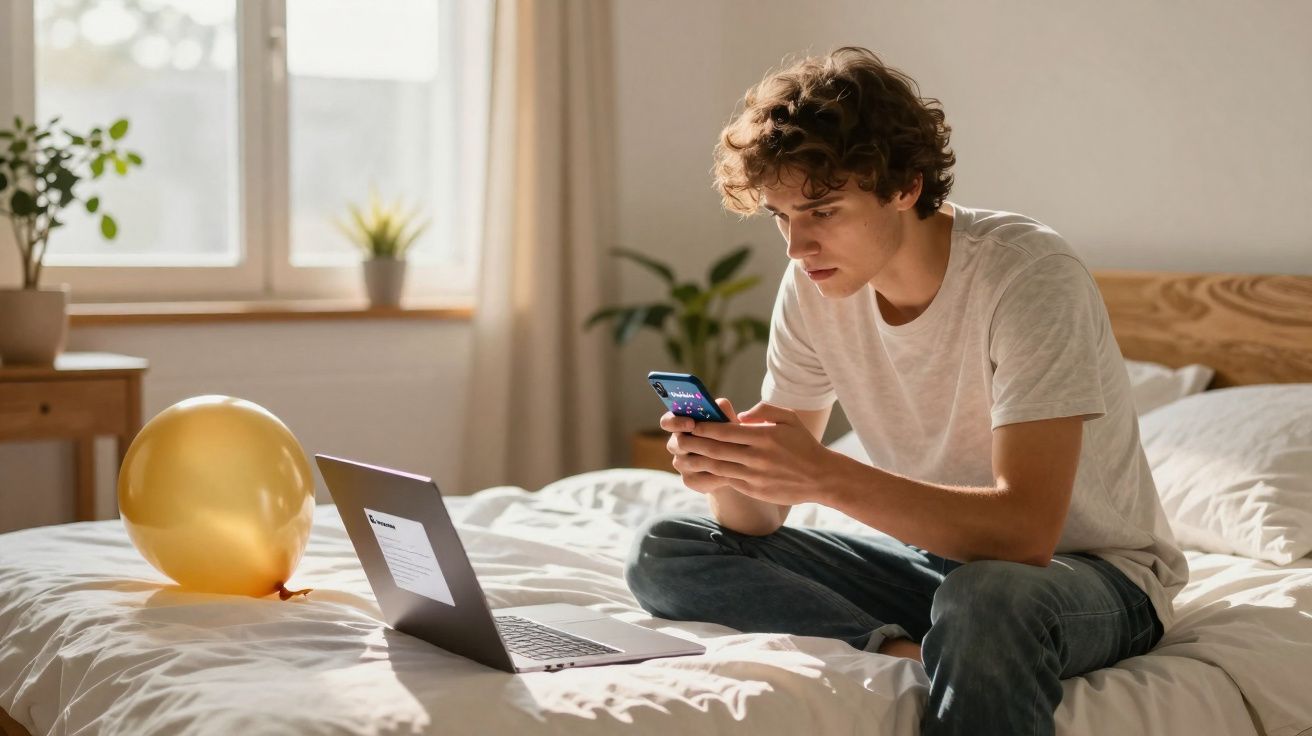 Jovem sentado na cama usando celular com laptop aberto e balão dourado ao lado em quarto iluminado.