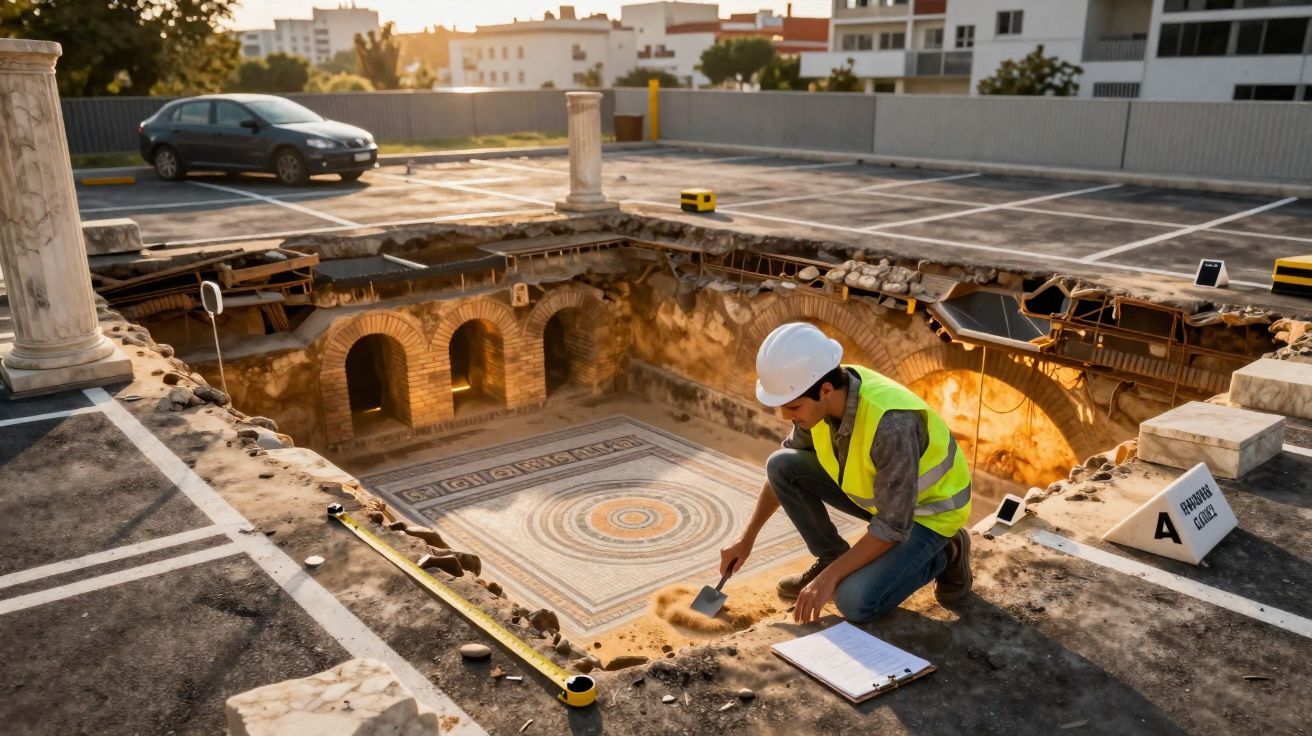 Arqueólogo escava mosaico romano em sítio arqueológico descoberto em estacionamento urbano.