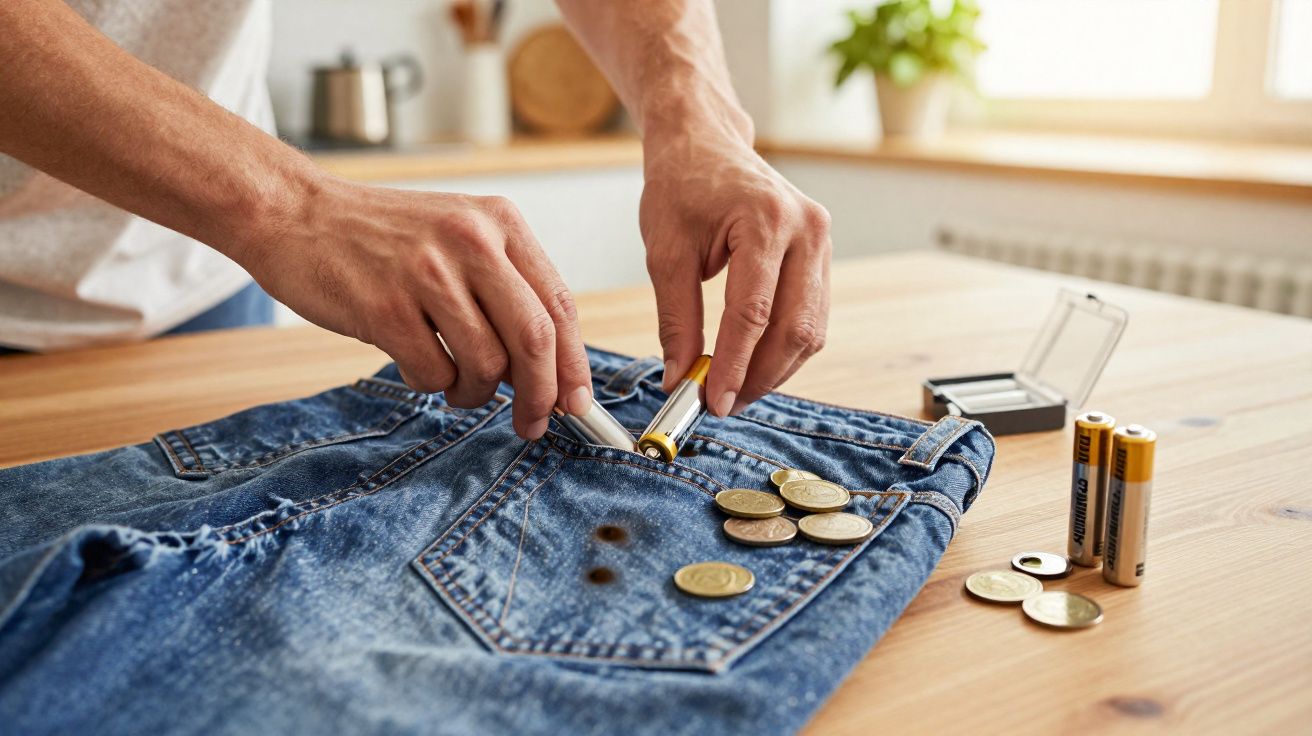 Pessoa substituindo pilhas em um dispositivo dentro do bolso de calça jeans.