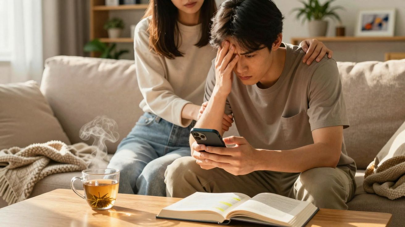 Jovem preocupado olhando celular enquanto mulher tenta confortá-lo em sala iluminada e aconchegante.