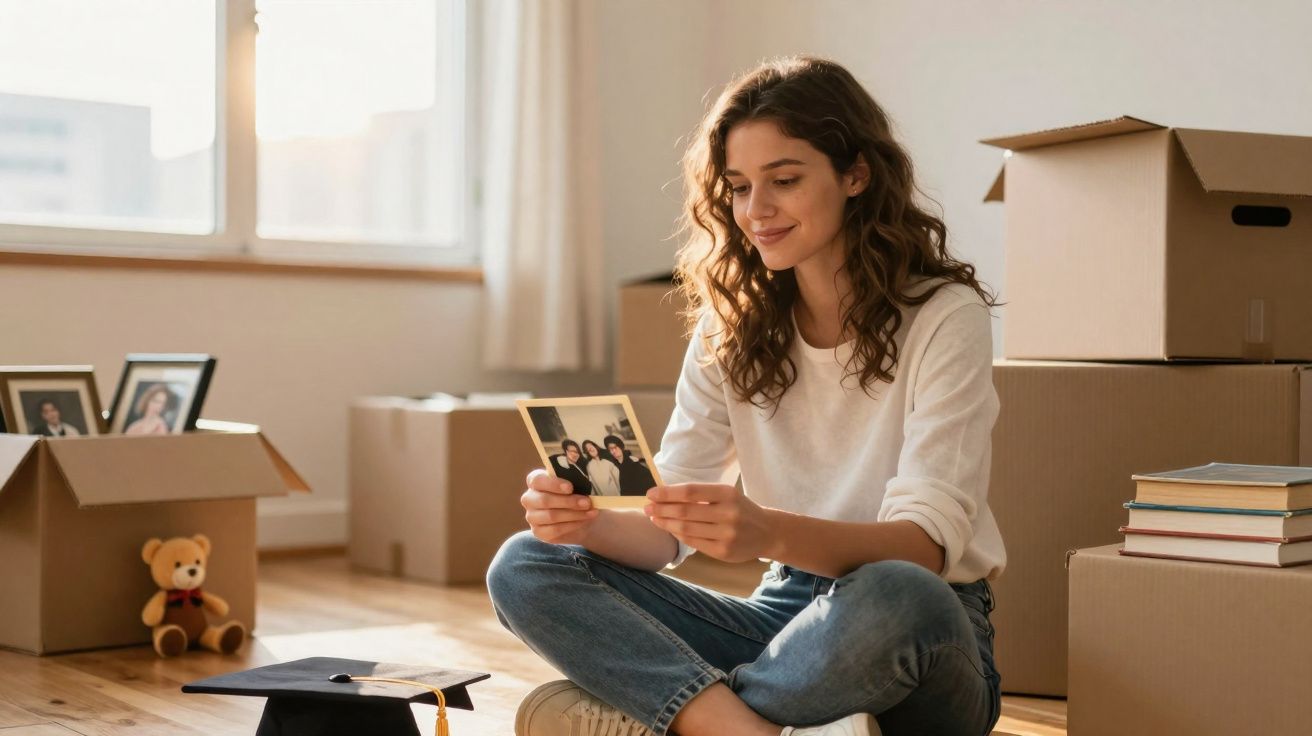 Mulher sentada no chão entre caixas, segurando foto antiga e sorrindo, com beca de formatura ao lado.