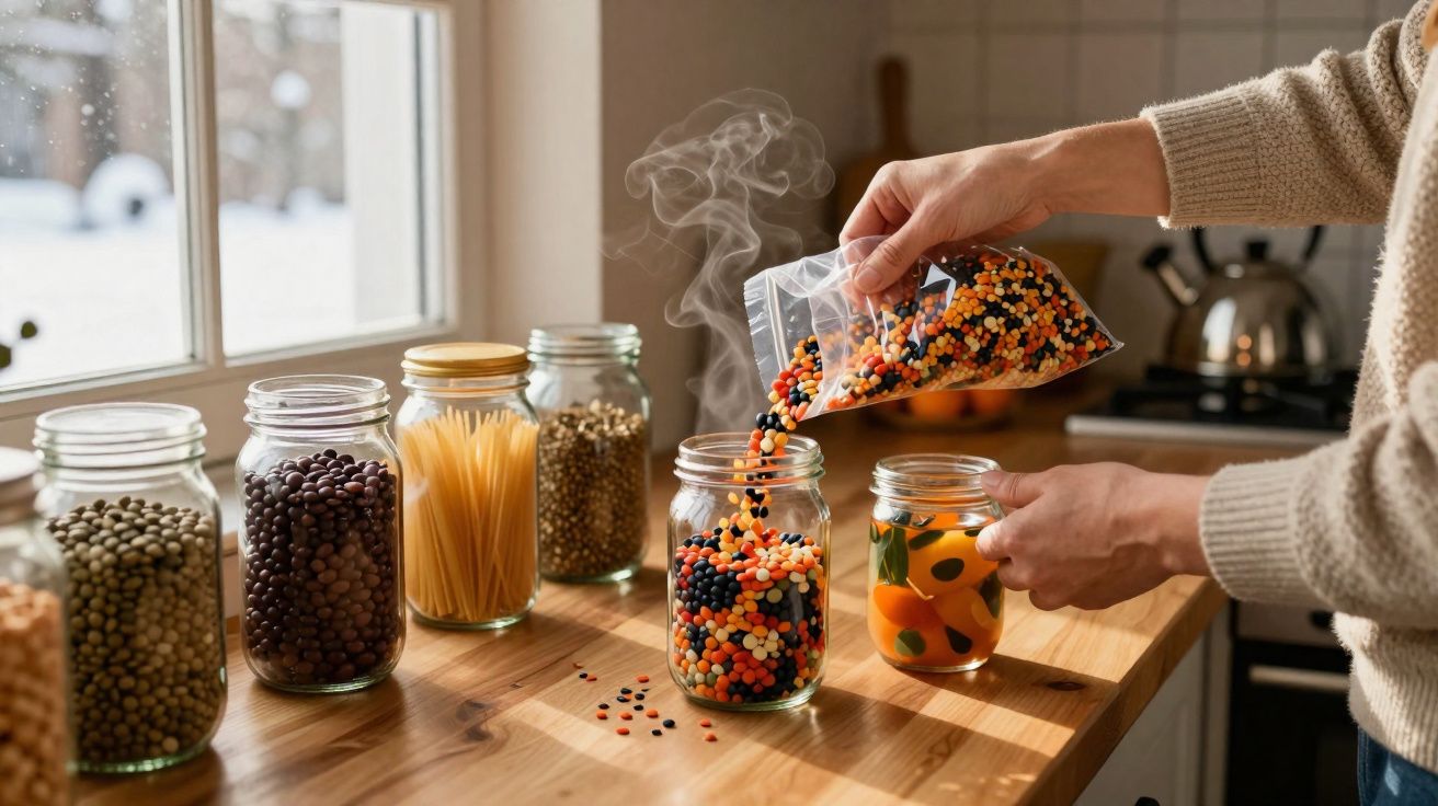 Pessoa colocando lentilhas coloridas em pote de vidro em cozinha iluminada por janela com utensílios ao fundo.