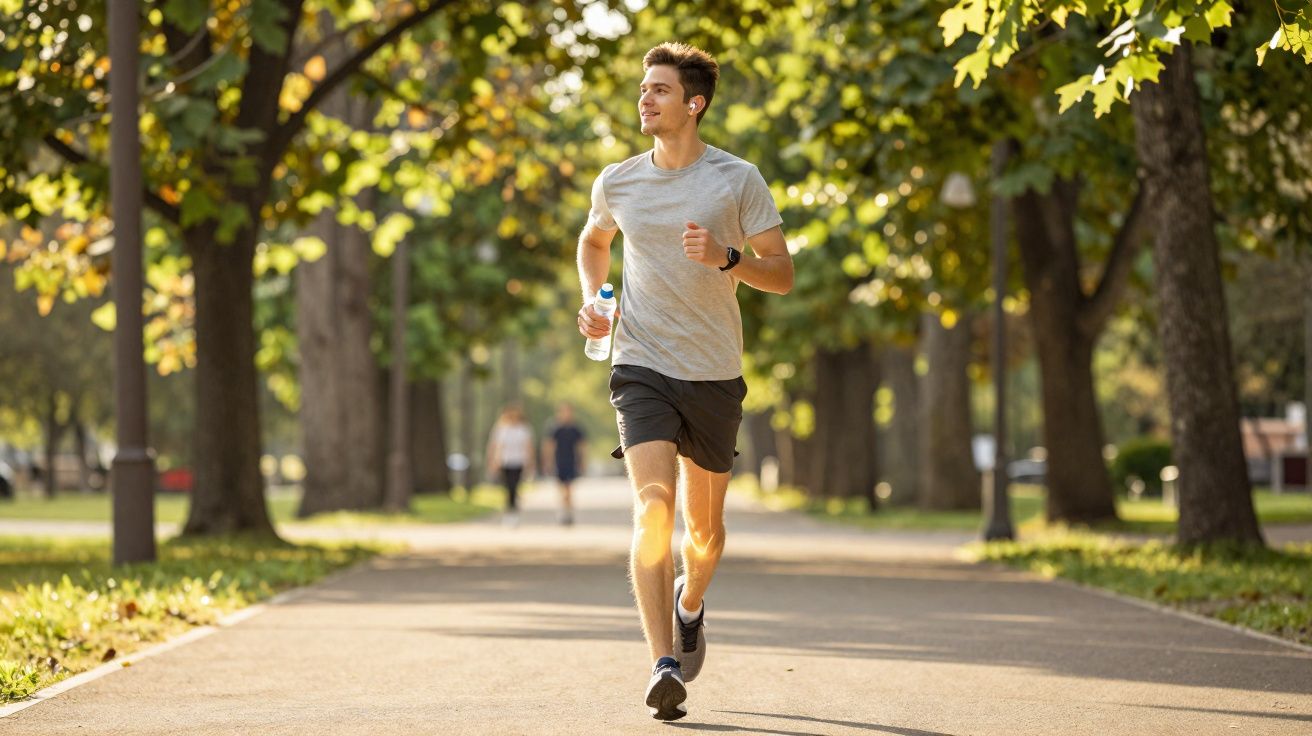 Homem com roupa esportiva correndo em parque ensolarado segurando garrafa de água.
