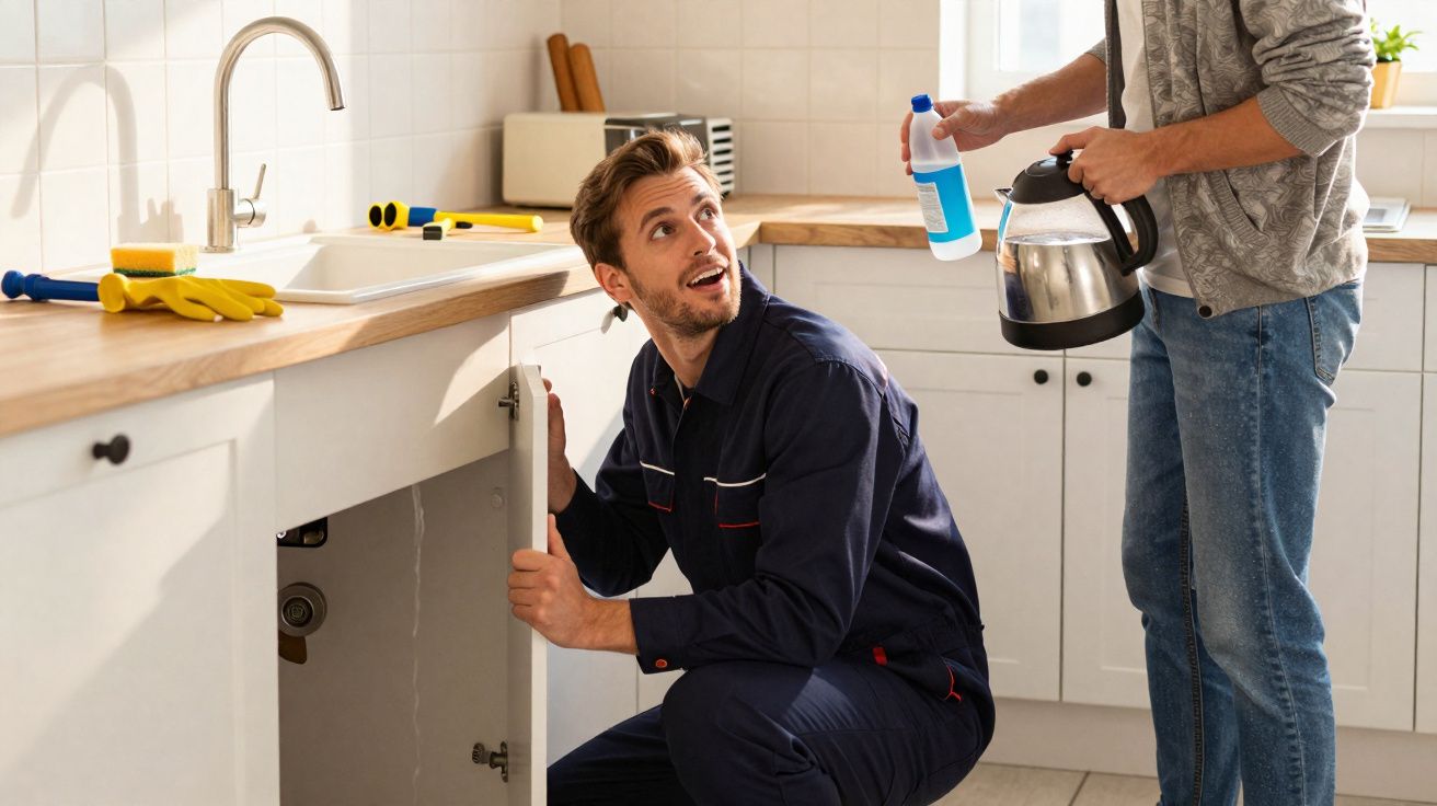 Encanador verificando o armário da pia enquanto cliente segura chaleira e produto de limpeza na cozinha.