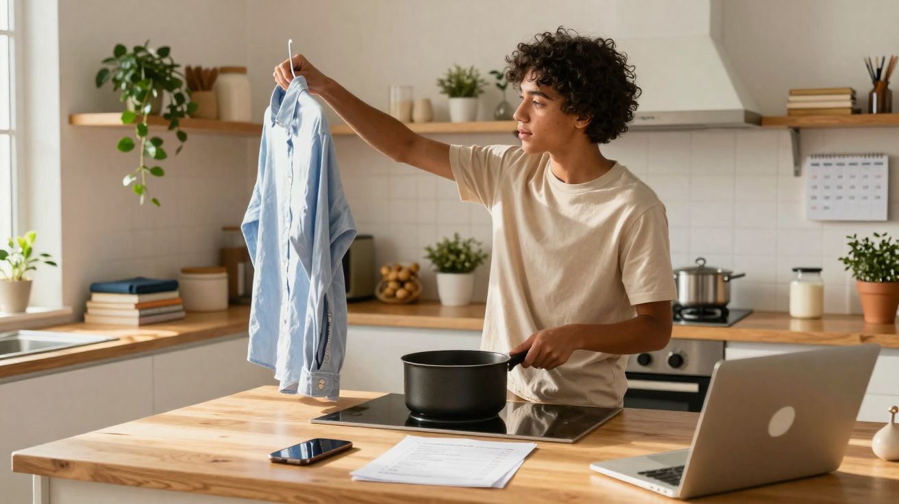 Jovem cozinha e segura camisa azul na cozinha moderna com laptop e celular na bancada de madeira.